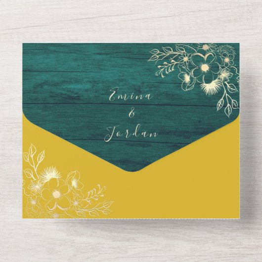 Invitation Tout En Un Rustique bois émeraude vert et Mariage jaune (Verso)