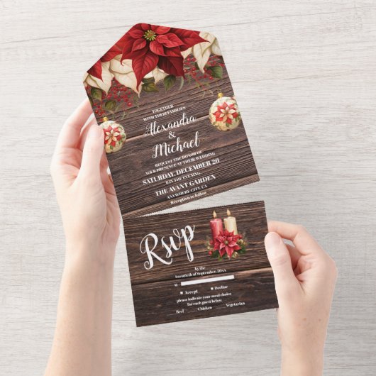 Invitation Tout En Un Rustique Bois Poinsettia Floral Mariage de Noël (Déchirure)