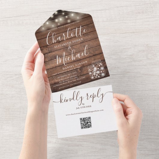 Invitation Tout En Un Rustique Bois QR Code Mason Jars Lumières Mariage (Déchirure)
