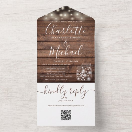 Invitation Tout En Un Rustique Bois QR Code Mason Jars Lumières Mariage (À l'intérieur)