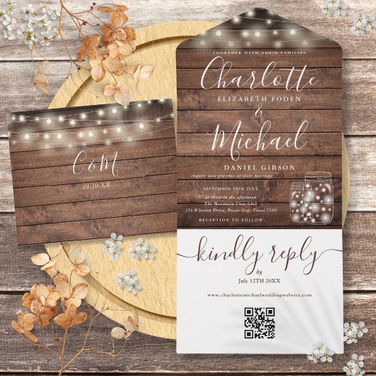 Invitation Tout En Un Rustique Bois QR Code Mason Jars Lumières Mariage
