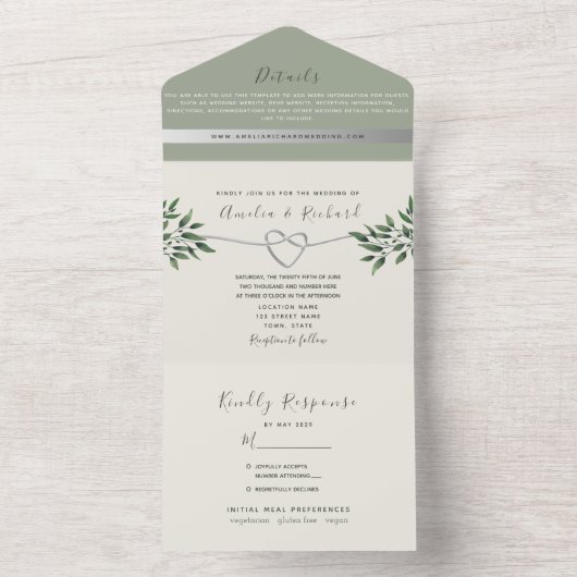 Invitation Tout En Un Rustique Botanique Sage Mariage vert (À l'intérieur)