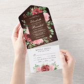 Invitation Tout En Un Rustique Bourgogne et rose pâle Mariage en bois fl (Déchirure)