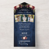 Invitation Tout En Un Rustique Bourgogne Floral Blue Wood 3 Mariage phot (À l'intérieur)