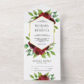 Invitation Tout En Un Rustique Bourgogne Floral Mariage de verdure or (À l'intérieur)