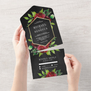 Invitation Tout En Un Rustique Bourgogne Floral Mariage d'or noir