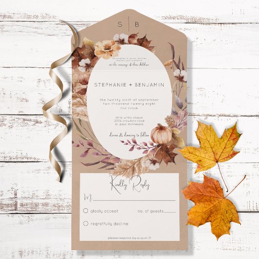 Invitation Tout En Un Rustique Brown Automne Floral & Feuille Pas de dîn
