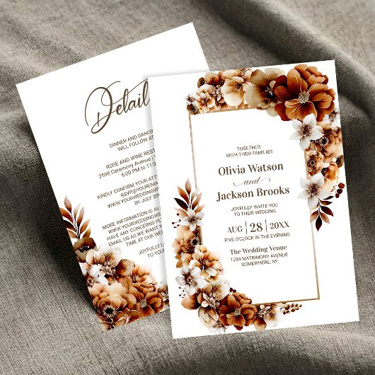 Invitation Tout En Un Rustique Brûlé Orange Floral Mariage