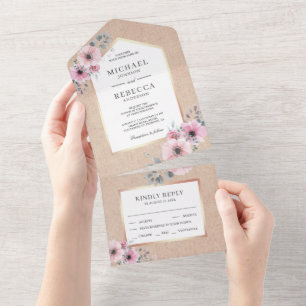 Invitation Tout En Un Rustique Burlap Blush rose Aquarelle Mariage Flora