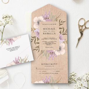 Invitation Tout En Un Rustique Burlap Mauve Purple Floral Mariage