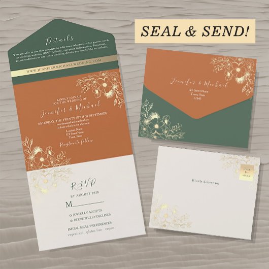 Invitation Tout En Un Rustique Chic Olive Green et Mariage en terre cuit