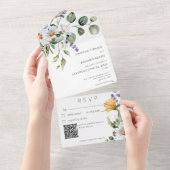 Invitation Tout En Un Rustique Daisy & Lavender Floral Blanc QR Code (Déchirure)