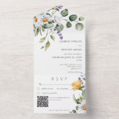 Invitation Tout En Un Rustique Daisy & Lavender Floral Blanc QR Code (À l'intérieur)