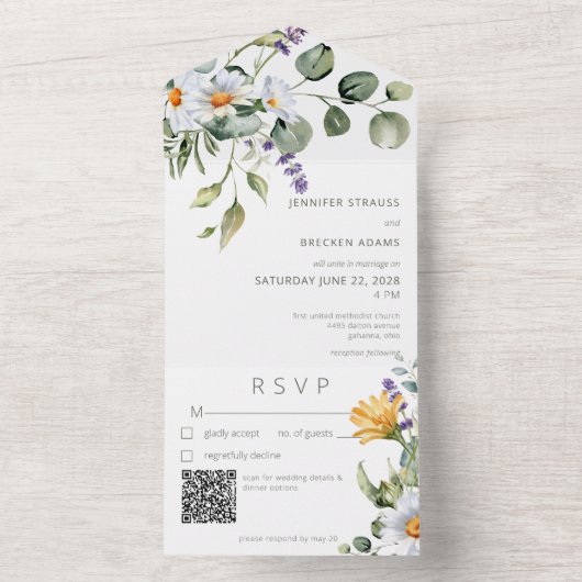 Invitation Tout En Un Rustique Daisy & Lavender Floral Blanc QR Code (À l'intérieur)
