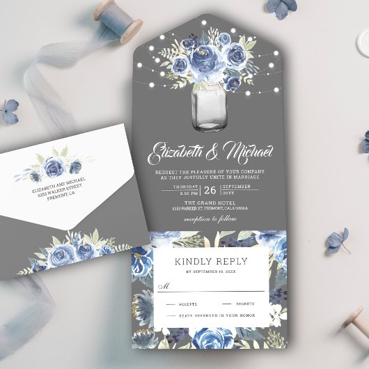Invitation Tout En Un Rustique Dusty bleu gris floral Mason Jar Mariage