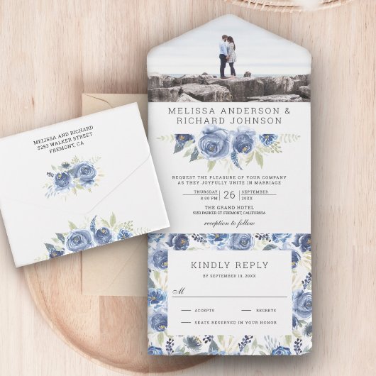 Invitation Tout En Un Rustique Dusty Blue Grey Floral Mariage photo