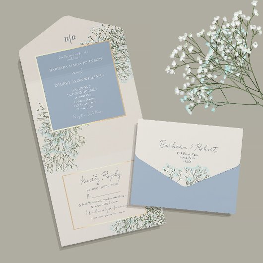 Invitation Tout En Un Rustique Dusty Mariage bleu