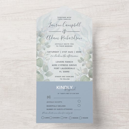 Invitation Tout En Un Rustique Eucalyptus Dusty Mariage d'aquarelle bleu (À l'intérieur)