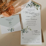 Invitation Tout En Un Rustique Eucalyptus Feuille Mariage de verdure<br><div class="desc">Cette collection élégante présente des feuilles de verdure à l'aquarelle mélangée avec un serif élégant et délicat sans police en noir,  avec un monogramme sur le dos. Éléments correspondants disponibles.</div>