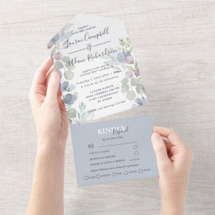 Invitation Tout En Un Rustique Eucalyptus Floral Bleu Poussiéreux Mariag