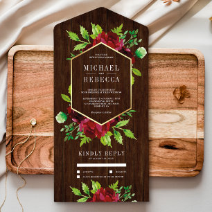 Invitation Tout En Un Rustique Floral Bourgogne Or Bois de Grange Mariag
