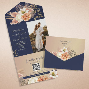 Invitation Tout En Un Rustique Floral Mariage bleu marine
