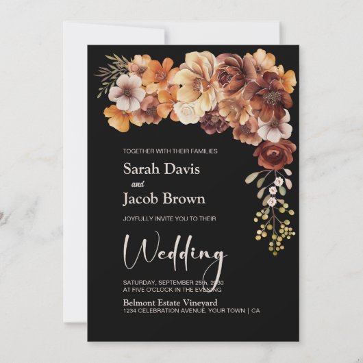 Invitation Tout en un Rustique Floral Mariage noir (Devant)