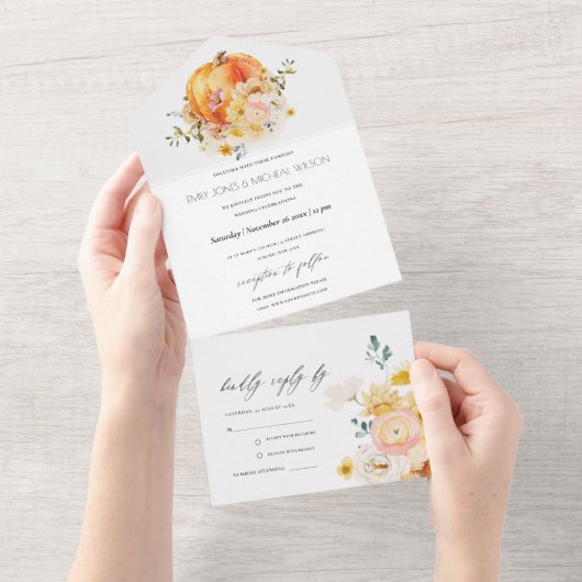 Invitation Tout En Un Rustique Floral Orange Citrouille d'automne Mariag (Déchirure)