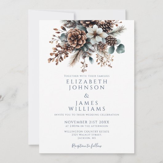 Invitation Tout en un Rustique Floral Pinecone QR Code Mariag (Devant)