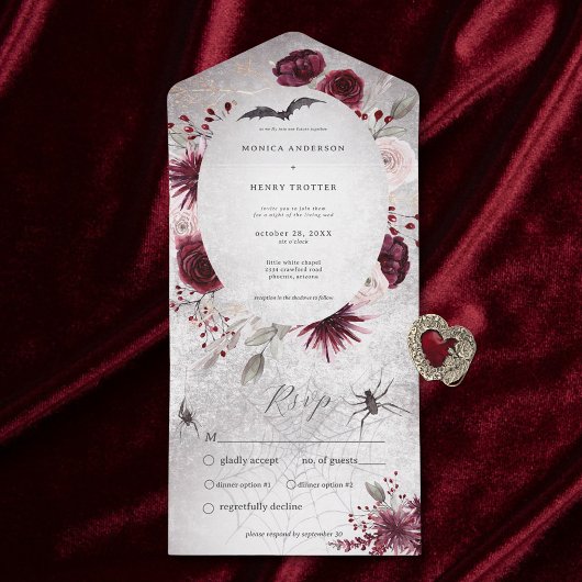Invitation Tout En Un Rustique Gothique Fleurs de table Noir et Bourgogn