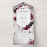 Invitation Tout En Un Rustique gothique Noir & Bourgogne Halloween PERSO<br><div class="desc">DISPONIBLE AVEC OU SANS CODE QR OU AVEC OU SANS OPTIONS DE SÉLECTION DE DÎNER. Cette faire-part de mariage à thème amusante, Halloween, présente des flores roses, bordeaux et noires et des décorations éffrayantes comme des araignées, des cercueils, des toiles et des chauves-souris sur un arrière - plan bordeaux et...</div>