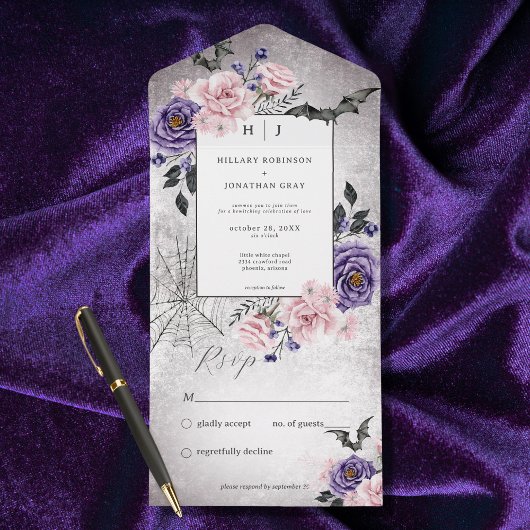 Invitation Tout En Un Rustique gothique rose & violet Halloween Pas de d