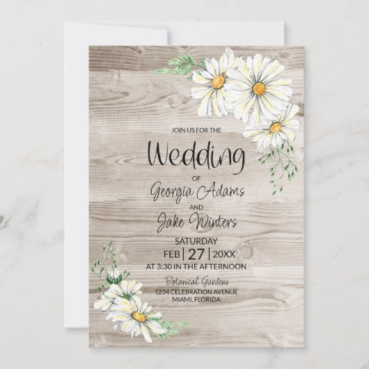 Invitation Tout en un rustique grange bois blanc marguerites  (Devant)