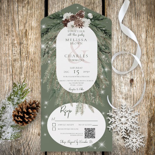 Invitation Tout En Un Rustique Green Pine Winter Sparkle QR Code