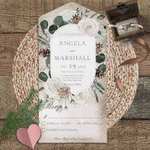 Invitation Tout En Un Rustique hiver Blanc Floral Or Pas de dîner