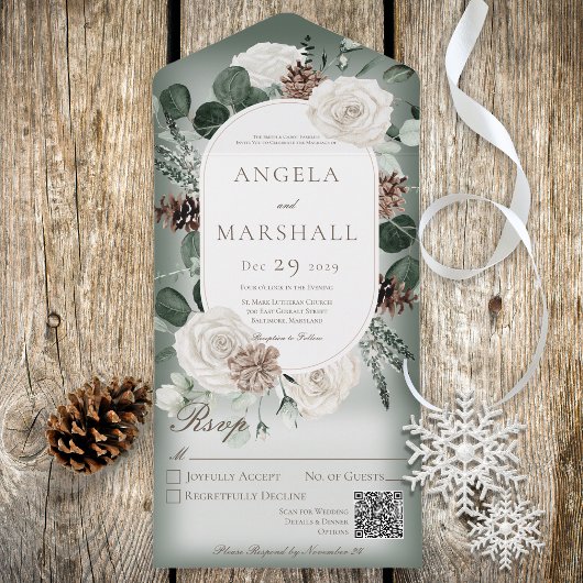 Invitation Tout En Un Rustique hiver blanc Floral vert QR Code