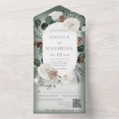 Invitation Tout En Un Rustique hiver blanc Floral vert QR Code (À l'intérieur)
