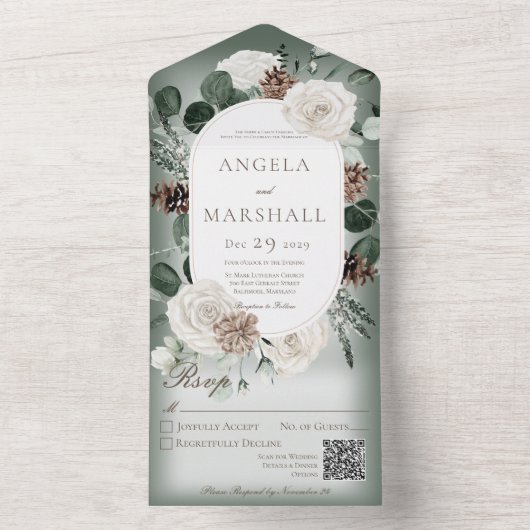 Invitation Tout En Un Rustique hiver blanc Floral vert QR Code (À l'intérieur)