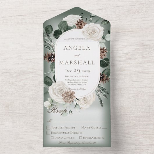 Invitation Tout En Un Rustique hiver Floral Dîner Vert (À l'intérieur)
