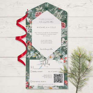 Invitation Tout En Un Rustique hiver Floral Pine Emerald QR Code