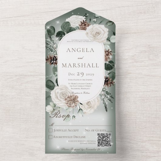 Invitation Tout En Un Rustique hiver Floral Vert Étincelle Code QR (À l'intérieur)