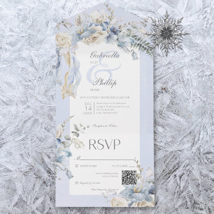 Invitation Tout En Un Rustique hiver Frosty Bleu & Blanc Floral QR Code