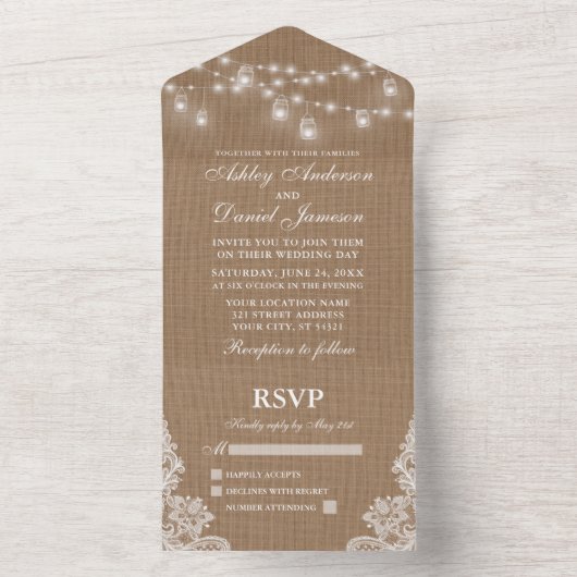 Invitation Tout En Un Rustique Jar Lights Lace Burlap Mariage (À l'intérieur)