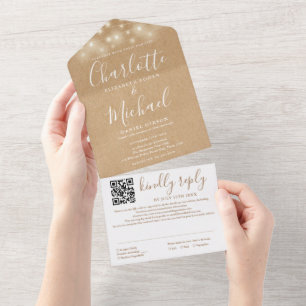 Invitation Tout En Un Rustique Kraft String lights QR Code Mariage