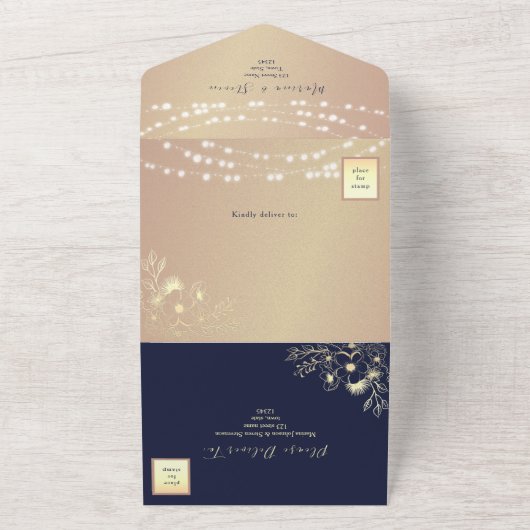 Invitation Tout En Un Rustique Marine et Gold String Mariage (Dehors)