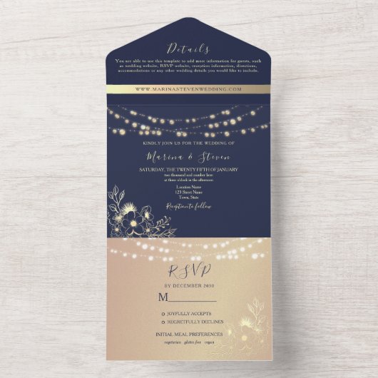 Invitation Tout En Un Rustique Marine et Gold String Mariage (À l'intérieur)