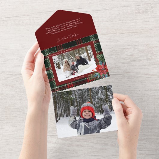 Invitation Tout En Un Rustique Noël Plaid avec Poinsettia & Pine Photo (Déchirure)