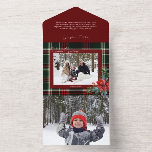 Invitation Tout En Un Rustique Noël Plaid avec Poinsettia & Pine Photo (À l'intérieur)