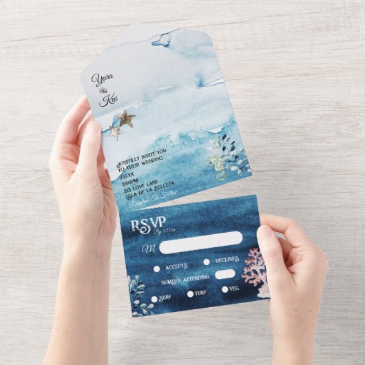 Invitation Tout En Un Rustique Océan Menu Choix RSVP Mariage Tout en un (Déchirure)