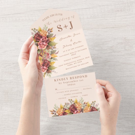 Invitation Tout En Un Rustique Orange Terracotta Automne Boho Mariage RS (Déchirure)